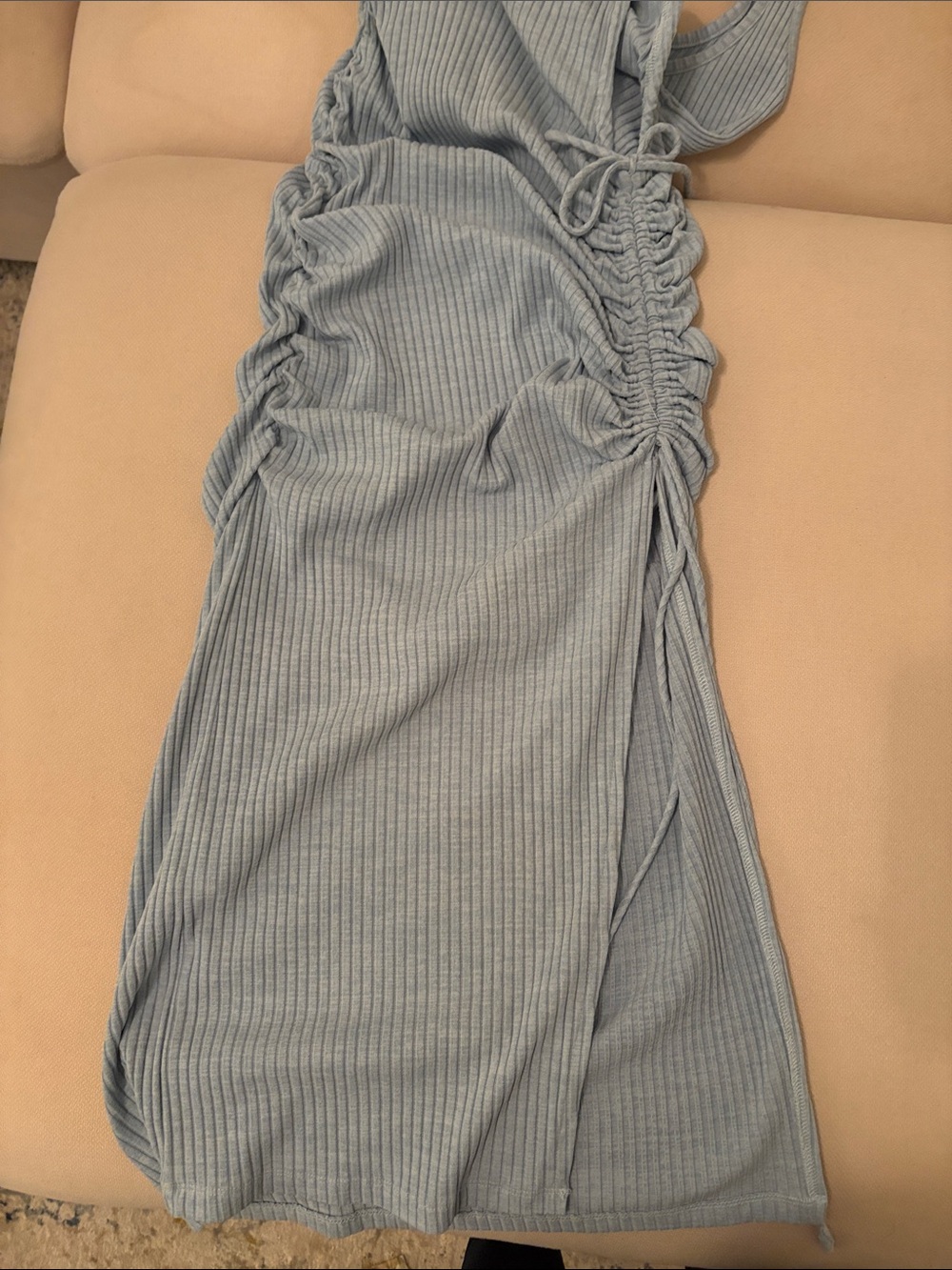 Light Blue Ribbed Ruched Tank Dress - Picture 3 of 3